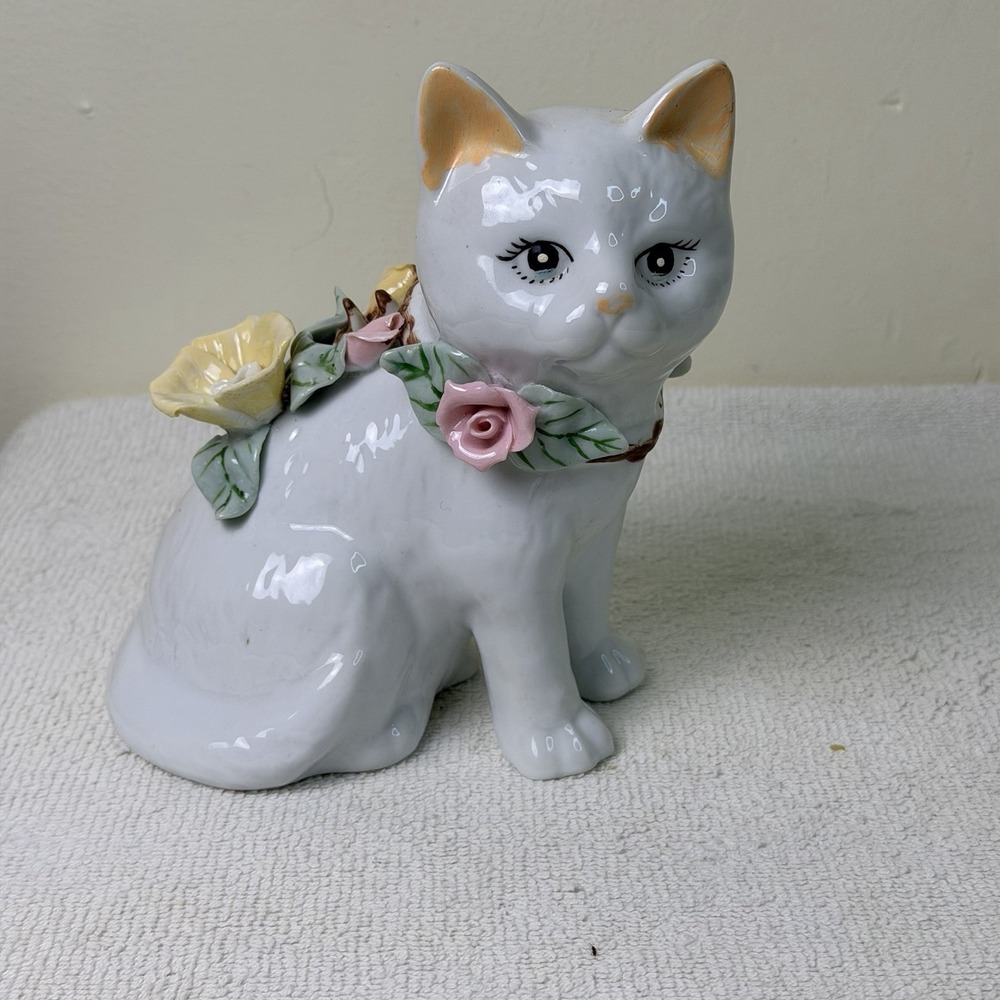 Vintage White Ceramic Cat sitting Pink Yellow Raised Flowers 6" kitten